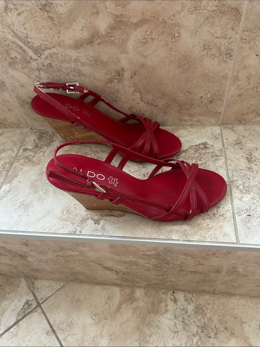 ALDO Red Leather Strappy Cork Wedge Sandals Size 36